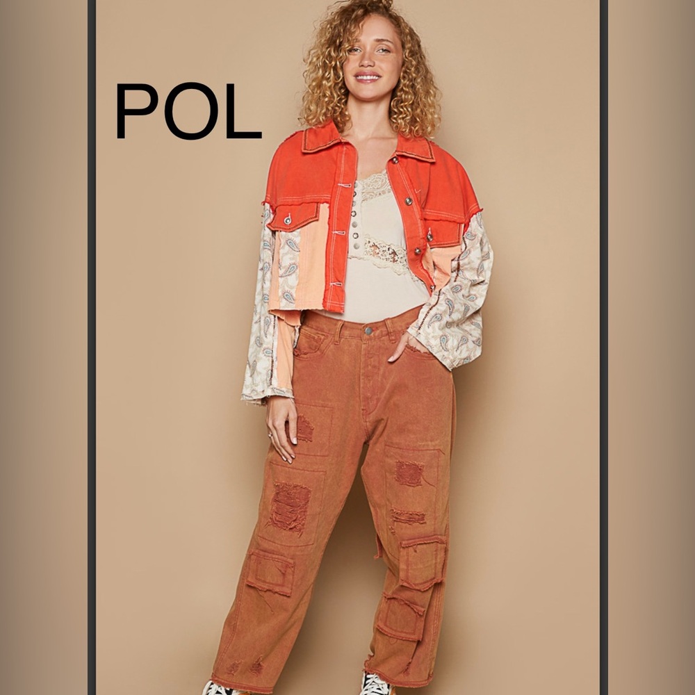 95. NWT POL Red-Orange and Cream Patchwork Jacket w/Open Back+Mixed Media - Picture 7 of 7